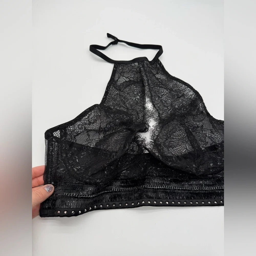Victoria's Secret Sexy Black Floral Silver Lace Halter Bralette NWT Sz XL - Picture 7 of 16